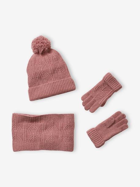 Set van muts + snood + wanten in kabelbreiwerk gemêleerd grijs+ROZE - vertbaudet enfant 