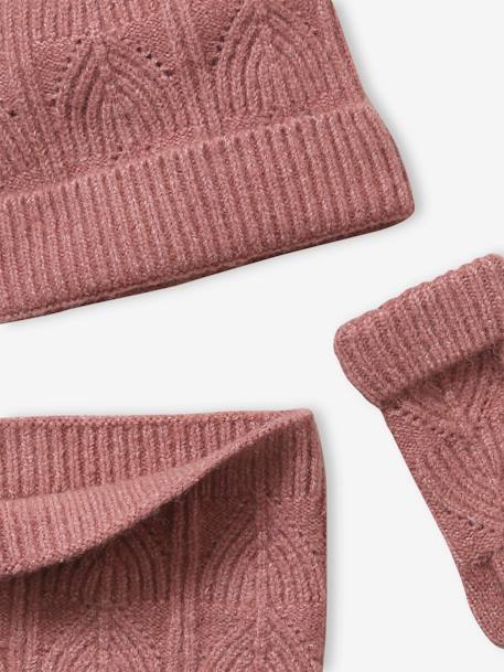 Set van muts + snood + wanten in kabelbreiwerk gemêleerd grijs+ROZE - vertbaudet enfant 
