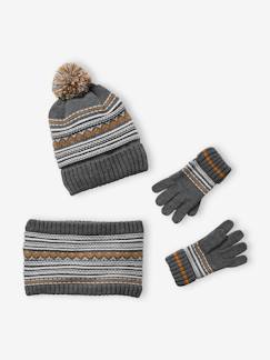 Jongens-Accessoires-Muts, sjaal, handschoenen-Set muts + snood + handschoenen voor jongens van jacquard tricot