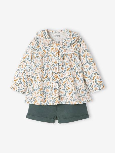 3-delige set voor baby meisje met T-shirt, fluwelen short en haarband donkergroen - vertbaudet enfant 