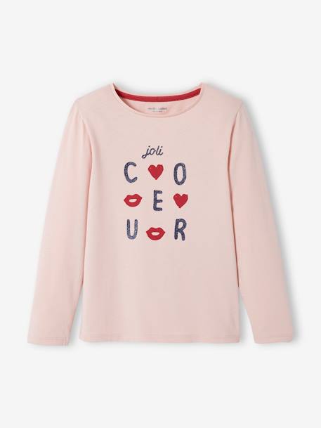 T-shirt Basics message irisé fille manches longues rose poudré+vert foncé - vertbaudet enfant 