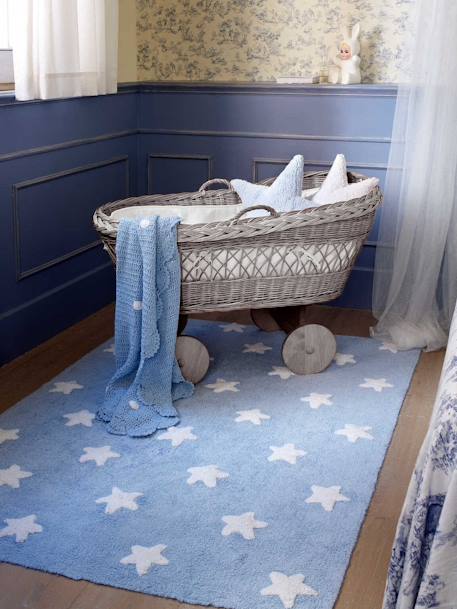 Rechthoekig afwasbaar katoenen tapijt met sterren LORENA CANALS blauw+rozen - vertbaudet enfant 