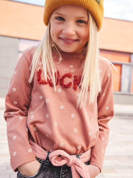 Meisjesshirt met print en gezichtje in reliëf bruin+donkergroen+ecru - vertbaudet enfant 