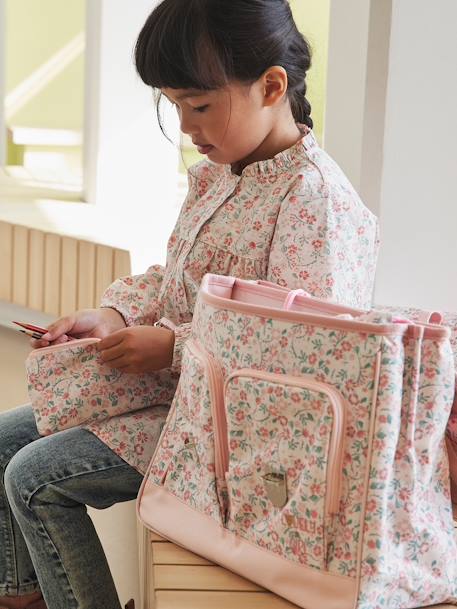 Personaliseerbare schort met bloemmotief en ruches aan de kraag voor meisjes Lichtroze met bloemenprint - vertbaudet enfant 
