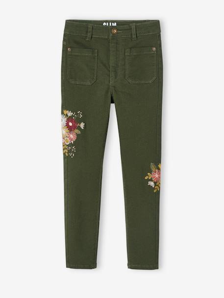 Slim-fit broek met hoge taille en geborduurde bloemen voor meisjes groen+karamel - vertbaudet enfant 