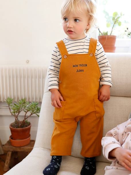Fleece babyset met te personaliseren T-shirt en tuinbroek karamel+smaragdgroen - vertbaudet enfant 