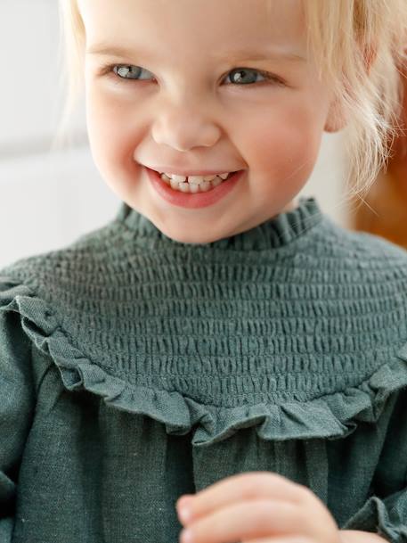 Babyblouse met smokwerk en bijpassende hoofdband groengrijs+vanille - vertbaudet enfant 