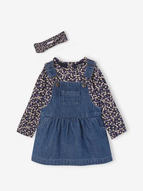 Driedelige babyset: overgooier van denim, T-shirt en haarband nachtblauw - vertbaudet enfant 