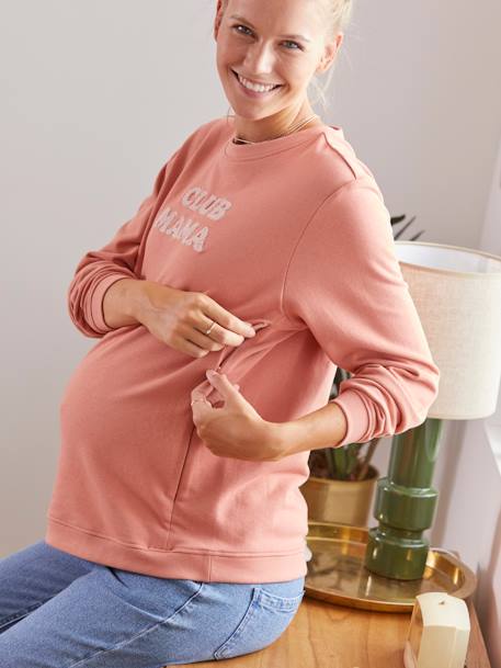 Fleece sweatshirt met tekst over zwangerschap en borstvoeding Chocoladebruin+Gechineerd grijs - vertbaudet enfant 