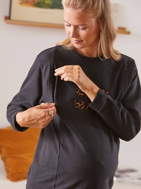 Fleece sweatshirt met tekst, voor zwangerschap en borstvoeding Zwart met luipaardprint - vertbaudet enfant 