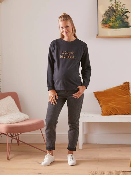 Fleece sweatshirt met tekst, voor zwangerschap en borstvoeding Zwart met luipaardprint - vertbaudet enfant 