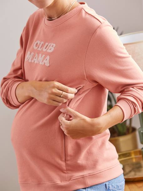 Fleece sweatshirt met tekst over zwangerschap en borstvoeding Chocoladebruin+Gechineerd grijs - vertbaudet enfant 