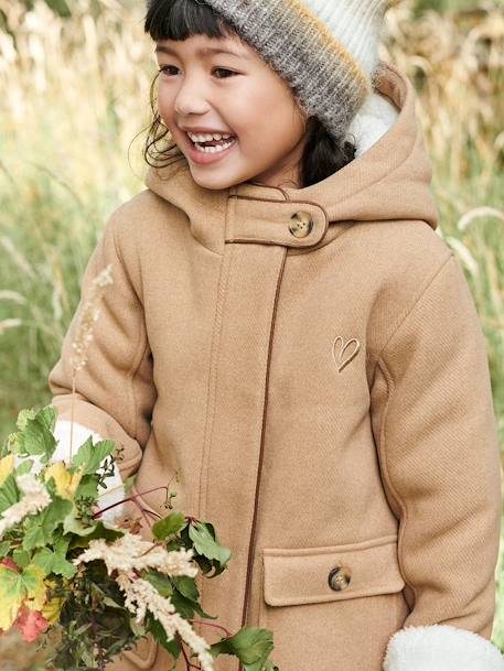 Manteau à capuche fille drap de laine doublé sherpa bordeaux+chamois+marine+vert foncé - vertbaudet enfant 