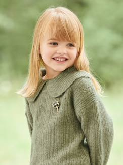 Meisje-Trui, vest, sweater-Meisjestrui in opengewerkt siertricot met patch van glimmend klavertjevier