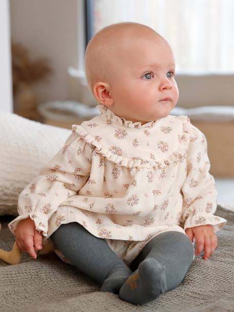 Robe en gaze de coton bébé avec bloomer beige imprimé - vertbaudet enfant 