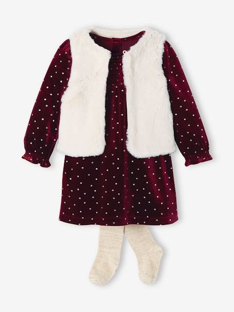 Babyset: fluwelen jurk + nepbonten vest + maillot bordeauxrood - vertbaudet enfant 