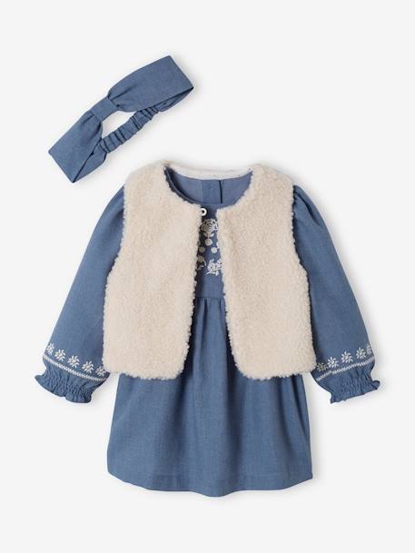 3-delige set jurk + vest + haarband babymeisje grijsblauw - vertbaudet enfant 