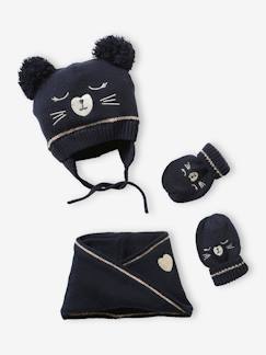 -Ensemble en maille jacquard bonnet + snood + moufles bébé fille