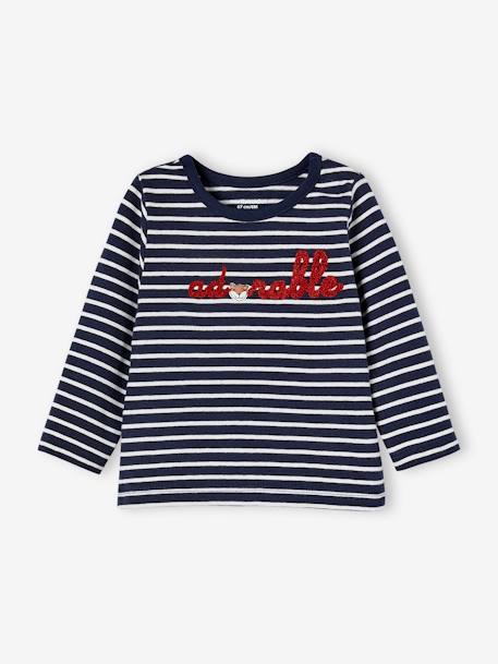 Gestreept baby-T-shirt met borduurwerk gestreept inktzwart+kastanjebruin gestreept - vertbaudet enfant 