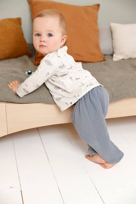 Pantalon en gaze de coton bébé doublure rayée naissance bleu gris - vertbaudet enfant 