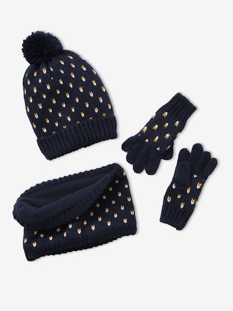 Fille-Accessoires-Bonnet, écharpe, gants-Ensemble bonnet + snood + gants coeurs fille BASICS