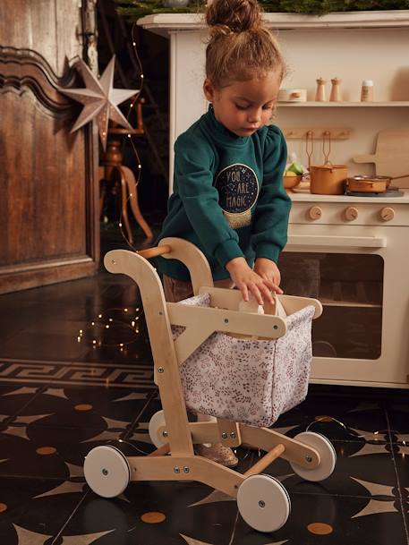 Chariot de courses en tissu et bois FSC® BEIGE MOYEN UNI AVEC DECOR - vertbaudet enfant 