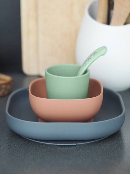 Serviesset 4 items silicone BEABA blauw+EUCALYPTUS+GEEL+terracotta - vertbaudet enfant 
