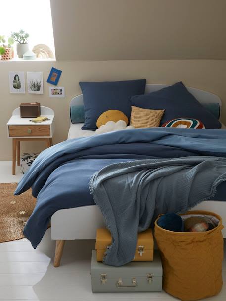 Parure housse de couette enfant et taie d'oreiller en gaze de coton bleu+rose+vert émeraude - vertbaudet enfant 