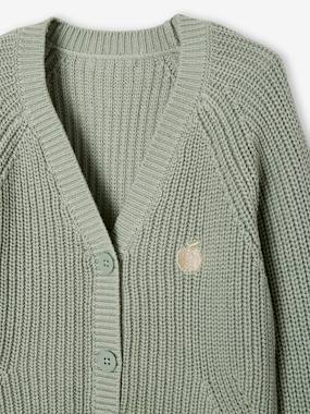 Gilet Fille Maille Ajourée Avec Nœuds Fantaisie - Manches Longues, Col Festonné, 53% Acrylique