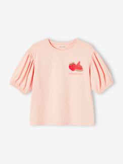 -Meisjes t-shirt met bolletjesmouw en fruitmotief op de borst