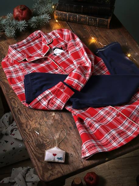 Nachthemd van flanel + legging meisje kerst rode ruiten - vertbaudet enfant 
