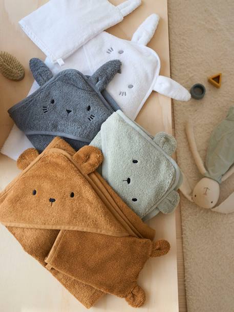 Badcape + washandje van biologisch katoen amandel+antraciet+karamel+oceaanblauw+rozen+Wit - vertbaudet enfant 