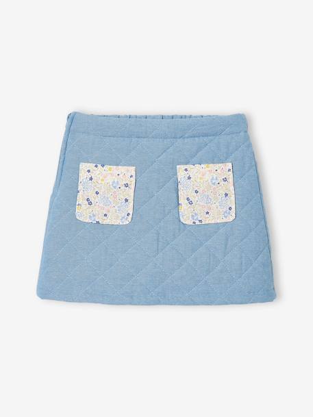 Rok van gewatteerd denim voor meisjes met zakken en bloemenprint double stone - vertbaudet enfant 
