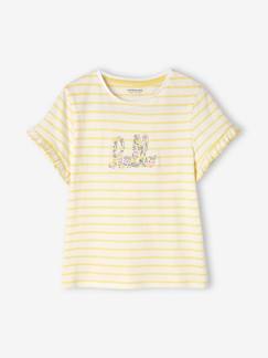 Meisje-T-shirt, souspull-T-shirt-Gestreept meisjesshirt met korte mouwen en ruches