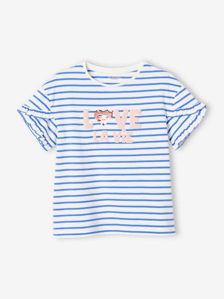 Gestreept t-shirt met paillettenhartje voor meisjes blauw, gestreept+gestreept ecru+marineblauw - vertbaudet enfant 