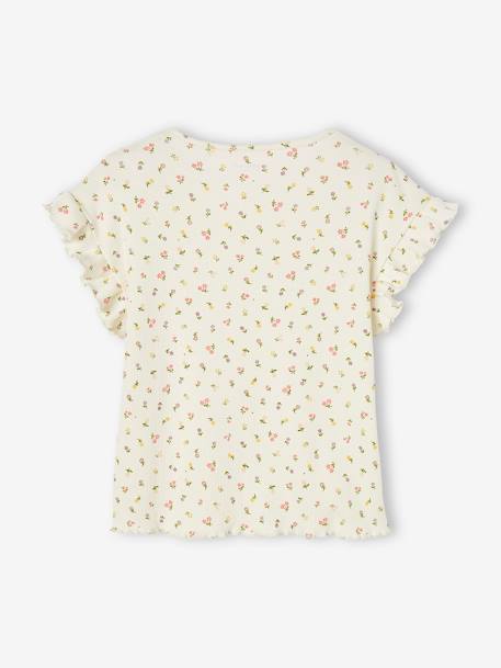 Geribd meisjes-T-shirt met bloemenprint ecru+inktblauw - vertbaudet enfant 