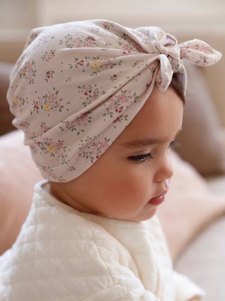 Bonnet esprit turban bébé fille en maille imprimée beige poudré - vertbaudet enfant 