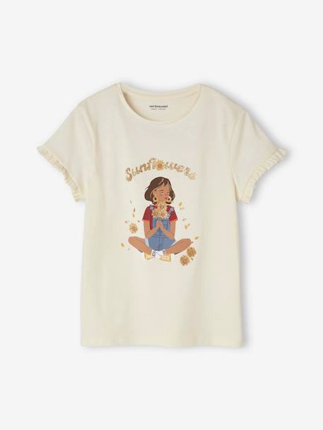 Tee-shirt 'Egérie' fille manches courtes volantées écru+ivoire+rose pâle+rose poudré+vert d'eau - vertbaudet enfant 