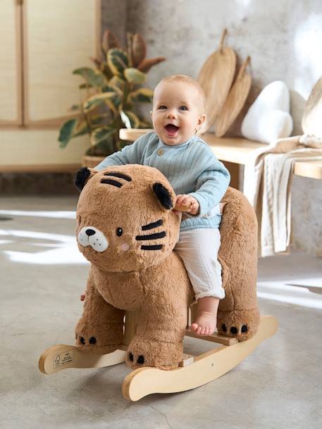 Tigre à bascule bébé en bois FSC® JAUNE MOYEN UNI AVEC DECOR - vertbaudet enfant 