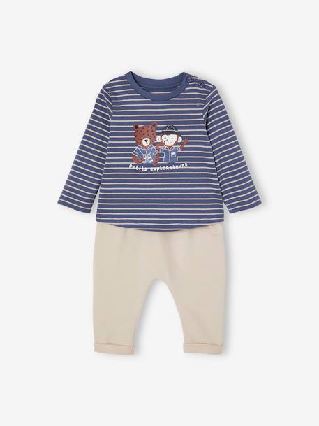 Ensemble bébé tee-shirt et pantalon en molleton indigo+rayé / caramel - vertbaudet enfant 