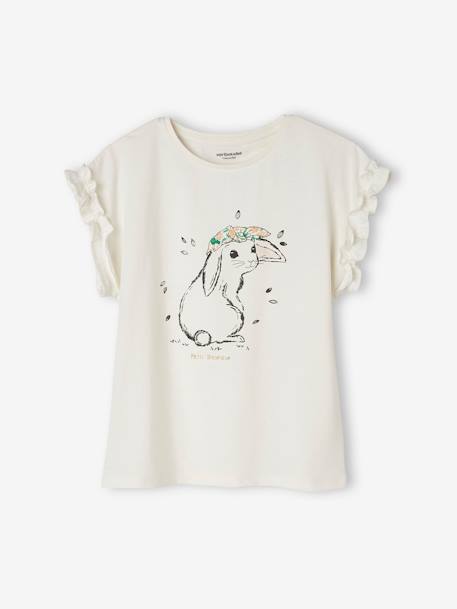 Meisjes-T-shirt met iriserend motief en korte mouwen met ruches ecru+lichtgeel+marineblauw+zachtpaars - vertbaudet enfant 