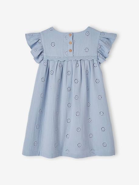 Robe fille gaze de coton brodée fleurs bleu pâle+corail+vanille+vert sauge - vertbaudet enfant 