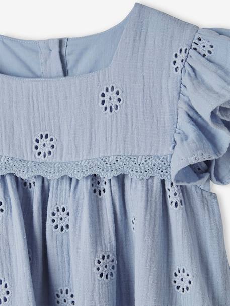 Robe fille gaze de coton brodée fleurs bleu pâle+corail+vanille+vert sauge - vertbaudet enfant 