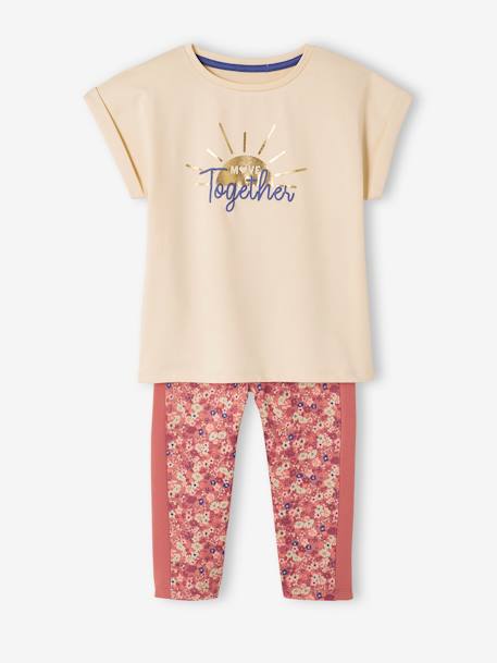 Meisjessportset met T-shirt en kuitbroek, met iriserend 'sunrise'-patroon ecru - vertbaudet enfant 