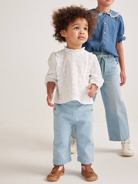 Meisjesblouse met ruches van Engels borduurwerk hemelsblauw+snoepjesroze+wit - vertbaudet enfant 