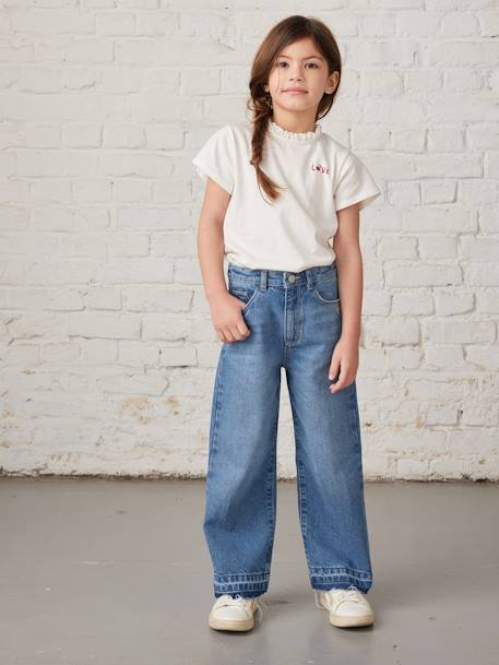 Jean fille large bas effiloché denim bleached+stone - vertbaudet enfant 