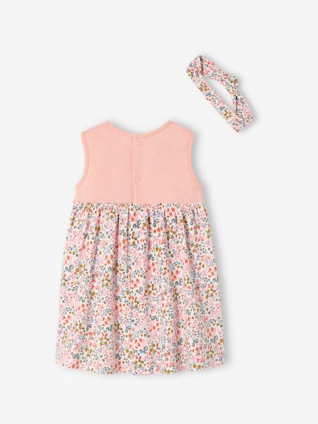 Jurk met bijpassende haarband babymeisje beige+donkergroen met print+roze (poederkleur) - vertbaudet enfant 