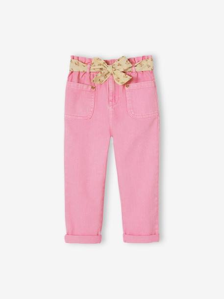 Paperbag korte broek meisjes met riem met bloemenprint hemelsblauw+rozen - vertbaudet enfant 