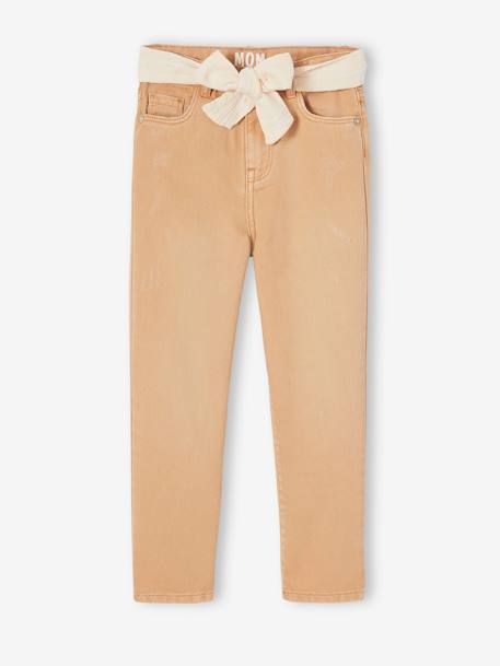 Pantalon Mom et sa ceinture en gaze de coton fille moutarde+pêche+rose+rouge - vertbaudet enfant 