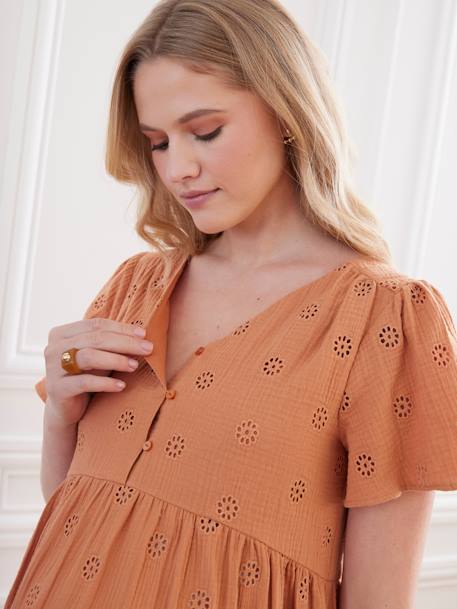 Robe gaze de coton brodé grossesse et allaitement terracotta - vertbaudet enfant 